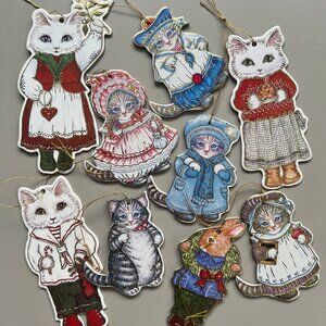 Vintage 1980s Cat Christmas Ornaments Gift Tags Set Kitty Cucumber Merrimack